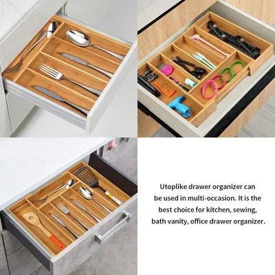 Image de Range-couverts pliable en bambou, organiseur de tiroir, 29 x 38 cm, boîte à couverts