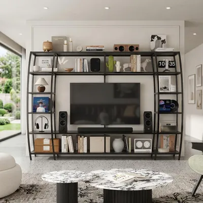 Produktbild von TV-Wand mit 6 Ablagen, Großes TV-Schrank, TV-Wandrahmen, Schwarz, Eisen + MDF, 217 x 35 x 150 cm