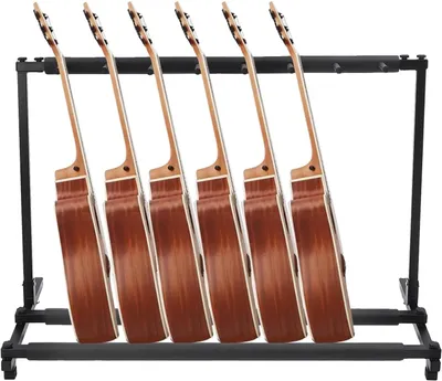 Imagen del producto de Soporte para guitarras, capacidad para 7 guitarras, diseño plegable, dimensiones 110*46,5*73 cm, material: hierro y espuma, altura del reposapiés: 10 cm