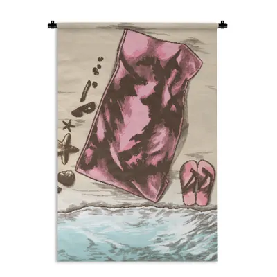 Produktbild von MuchoWow® Wandteppich Wandbehang Handtuch - Strand - Hausschuhe 90x135 cm Tapisserie Dekoration Wandtuch - Baumwolle - Wandskulptur