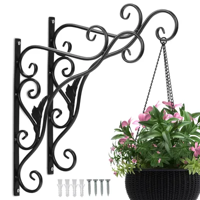Produktbild von Hengda 2 Stück Haken Wandhalterung Blumenampel Landhaus Gusseisen 35 cm Konsole Regal Aufhänger Wandhaken Blumenhaken Laternenhalter Blatt