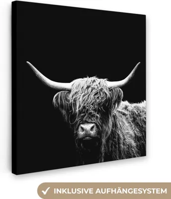 Produktbild von MuchoWow® - Leinwandbilder - Schottischer Highlander - Kuh - Schwarz - Weiß - Tiere, Wandbild, Wanddeko Bilder Wohnzimmer, 20x20 cm