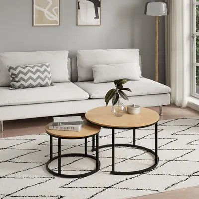 Produktbild von Couchtisch 2er Set aus Holz Wohnzimmertisch Modern in Beistelltisch Set 2 in 1 mit Metallgestell für Wohnzimmer, rund, Eiche hell