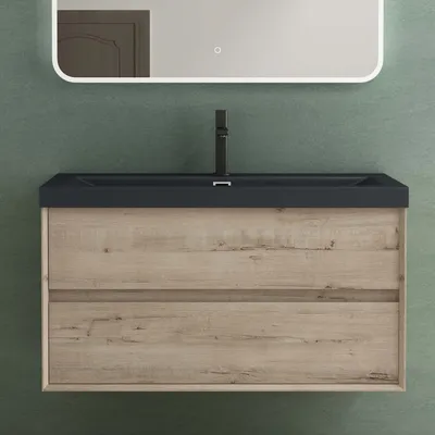 Produktbild von Mai & Mai Badmöbelset Badezimmermöbel Waschbeckenunterschrank 2 Schubladen mit Soft-Close inkl. Anthrazit Waschbecken Eiche Greige 100 cm Rimo