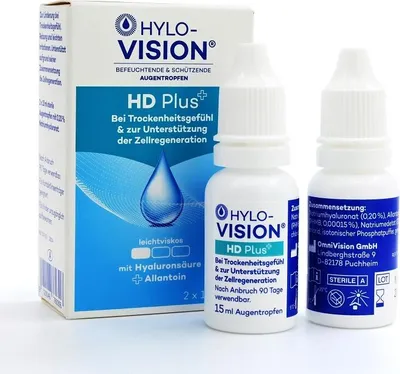 A box and two bottles of eye drops are displayed against a white background.