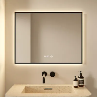 Image de Miroir de salle de bain LED Mirlux avec cadre noir - 80 x 60 cm - Rectangulaire - 3 modes d'éclairage réglables - Fonction anti-buée - Étanchéité IP44 et contrôle tactile
