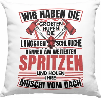 Produktbild von Trendation - Feuerwehr Spruch Geschenk Deko-Kissen mit Füllung 40x40 Feuerwehrmann Geschenkidee Lustig Männer Wir Haben Die Längsten Schläuche (Grau)