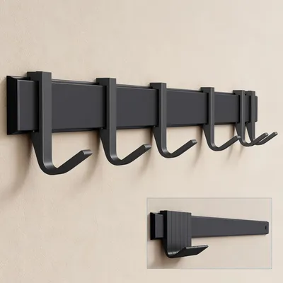 Produktbild von doporro Garderobenhaken Aluminium, 6 Verschiebbare Wandhaken, selbstklebend & stabil, Kleiderhaken Wand für Jacken und Handtücher Matt Schwarz Stalo-12
