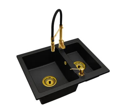 Produktbild von Granitspüle 1,5 Becken mit Küchenarmatur und Seifenspender Gold