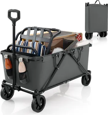 Produktbild von GOPLUS Bollerwagen faltbar, Handwagen mit 360° drehbaren Rädern, verstellbarem Griff & Getränkehaltern, 170L/100kg Strandwagen