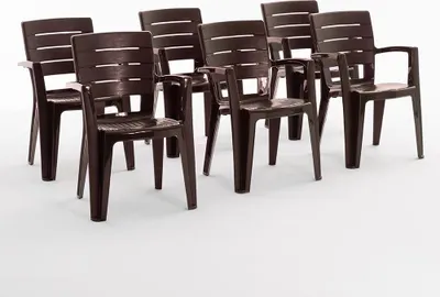 Immagine prodotto di set di 6 sedie monoblocco in polipropilene, impilabili con braccioli, resistenti all'acqua, effetto legno per giardino, terrazza, ristorante, bar, facili da pulire - Anita - Mocha