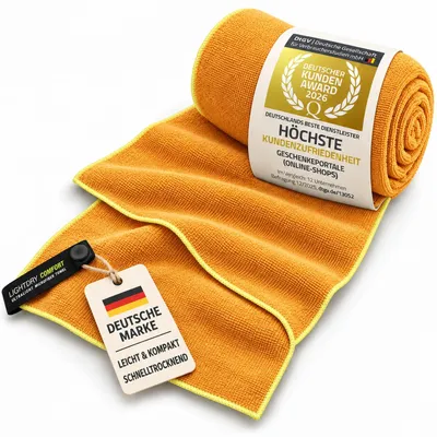 Produktbild von LightDry Mikrofaser Handtuch Orange 60x30 cm – Leichtes Sporthandtuch & Reisehandtuch, schnelltrocknend, inkl. Ripstop-Nylon Tragetasche