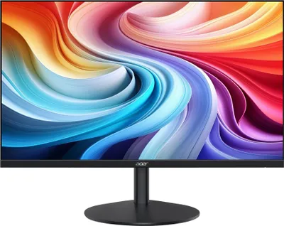 A black Acer monitor with a colorful abstract wallpaper displayed on its screen, shown from the front on a white background.