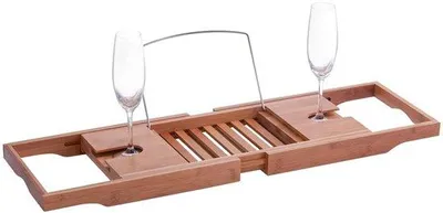 Produktbild von Unyqoos® Verstellbare Badewannenablage aus Holz & Metall, 70–105 cm – mit Getränkehalter, Ablage für Buch, Kerzen und Seife