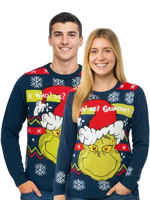 Produktbild von The Grinch Weihnachtspullover für Herren & Damen - Who? Me? Grinchy? Winter Strick Pullover Sweatshirt Ugly Christmas Sweater Uni Weihnachten Blau XL