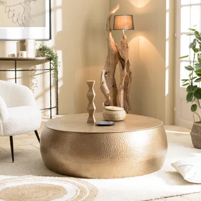 Image de JOHAN - Table basse ronde 106x106cm effet martelé aluminium doré
