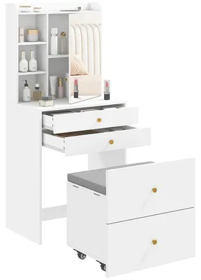 Imagen del producto de Tocador con espejo y taburete con ruedas - Mesa de maquillaje - Armario de almacenamiento - Cajones - Estantes abiertos - Asiento acolchado - Blanco