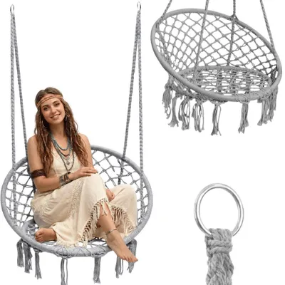Zdjęcie produktu dla Huśtawka ogrodowa bocianie gniazdo fotel wiszący boho szary 150 kg FUNFIT krzesło wiszące kosz bujany