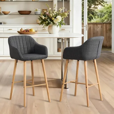 Image de LVHOM Lot de 2 tabourets de bar en lin avec accoudoirs et dossier, tabourets de bar en bois de style scandinave, tabourets de bar rembourrés pour îlot de cuisine, noir