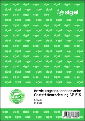 Produktbild von SIGEL GB515 Bewirtungsspesennachweis / Gaststättenrechnung, 2seitig bedruckt, A5, 50 Blatt