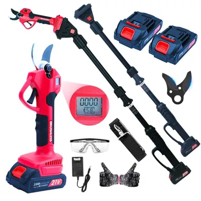 Image de Sécateur électrique Zimilo avec tige télescopique, 21V, puissance 300W, moteur sans balais, 2 batteries de 2,0Ah, tête orientable à 180°, capacité de coupe de 25 mm