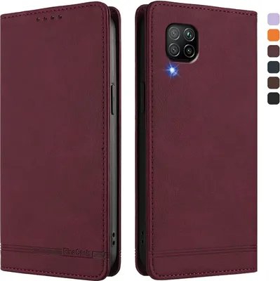 Produktbild von Hülle für Huawei P40 Lite, Retro Kunstleder Ständer Klapphülle mit Kartenfächer und Magnetische Rot