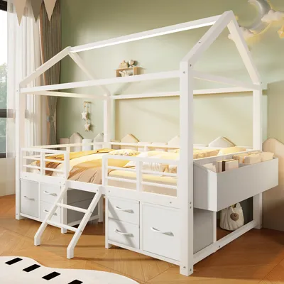 Produktbild von ELANDEPOT Hochbett 90 cm × 200 cm Weiß LED-Beleuchtung USB-Ladefunktion Schubladen Stauraum Metall für Kinder- und Jugendzimmer