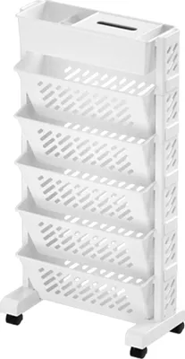 A white plastic rolling storage cart with multiple shelves and a top compartment.