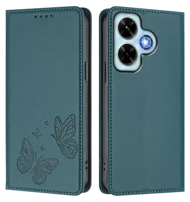 Obrázek produktu pro Kožené pouzdro pro Xiaomi Redmi Note 13 4G, motýlí ražbou, peněženkové flip pouzdro se stojánkem Zelená