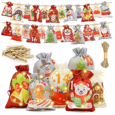 Produktbild von Adventskalender Säckchen zum Befüllen 24 Stück Stoff 2 Größen 10x15cm & 13x18cm mit Zubehör