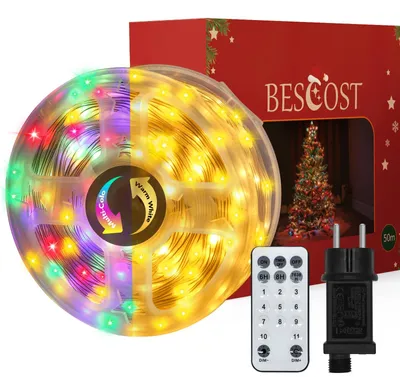 Lichtkette 50 m, 500 LEDs, warmweiß+mehrfarbig, IP65, mit Fernbedienung