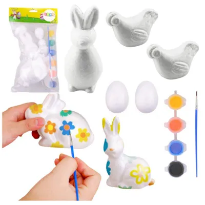 Produktbild von Kit zum Bemalen von Styropordekorationen, Hasen, 2 Eier, 2 Hühner