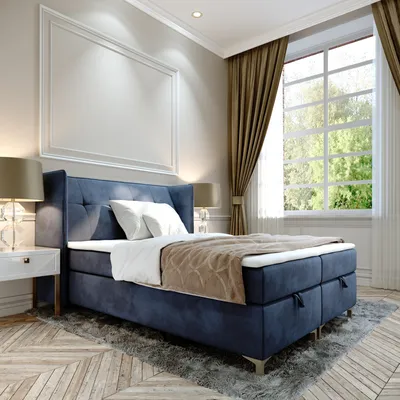 Image de Lit double boxspring LIND - 140x200cm Lit avec matelas Bonell, avec sommier pour linge de lit et topper. UN LIT avec une tête de lit classique et profilée (Velvet 79, 140x200)