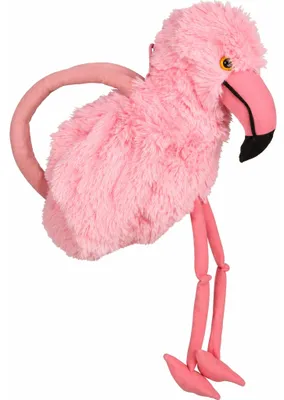 Flauschige rosa Flamingo-Handtasche mit gebogenem pink-schwarzem Schnabel, langem Tragehenkel und zwei frei herabhängenden Beinen.