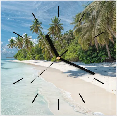 Produktbild von Wanduhr aus Glas mit Motiv Tropischer Strand- 30 x 30 cm - inkl. Aufhängesystem