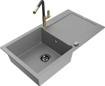 Produktbild von Mexen Leo 1 Becken-Granitspüle mit Abtropffläche und Mischbatterie Flora, Grau - 6501-71-670401-57-B