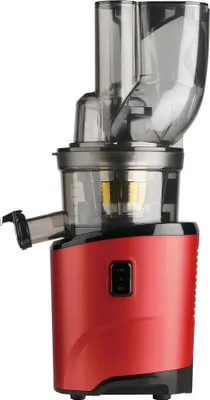 A red and gray electric juicer is shown against a white background.