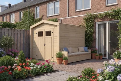 Produktbild von Gartenhaus Killarney, 235x235cm, Naturbelassen, 19mm, Sitztruhe, KI-generiertes Bild