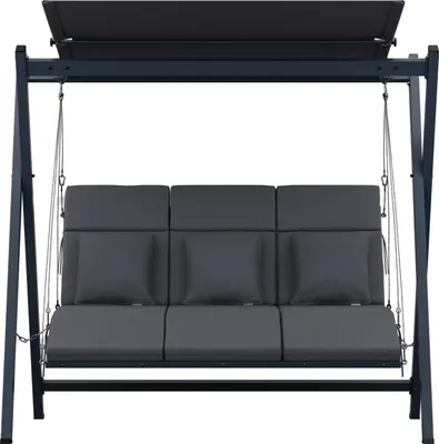 Produktbild von Blumfeldt hängender Gartenstuhl, individuell anpassbares Sonnenschutzverdeck, verstellbare Sitzpositionen für Drei, bequemes Kissen, stabil bis 240 kg, hochwertig & korrosionsresistent