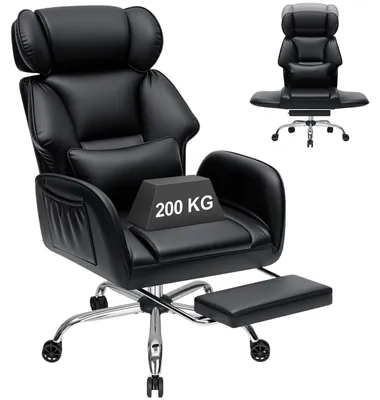 Obrázok produktu pre Ergonomická kancelárska stolička – stolička k písaciemu stolu – nosnosť do 200 kg – podpora pre chrbát – široké sedadlo s podnožkou – sklopné podrúčky – kolieska – čierna umelá koža