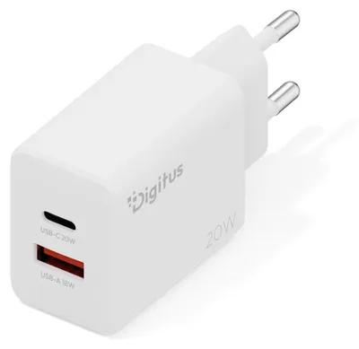 Produktbild von Digitus USB Charger 20W, 1x USB-C, 1x USB-A, Drinnen, AC, Weiß