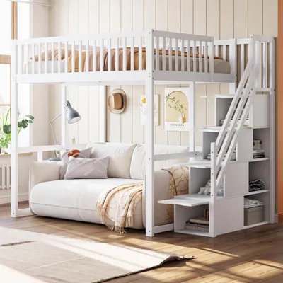 Immagine prodotto di Letto a castello 140x200 cm con rete a doghe e scala in legno di pino, colore bianco, altezza 180 cm
