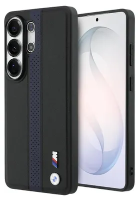 Immagine prodotto di Custodia BMW MagSafe Galaxy S26 Ultra in Pelle finta nera con strisce blu e logo in metallo