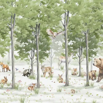 Produktbild von Sanders & Sanders Fototapete Wald mit Waldtieren Grün und Weiß 375 x 270 cm