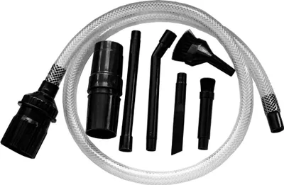 A set of vacuum cleaner attachments, including various nozzles and a flexible hose, laid out on a white background.