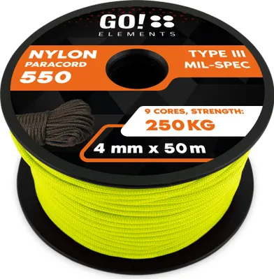 Produktbild von GO!elements 50m Paracord Seil aus reißfester Nylonschnur - 4mm Paracord 550 Typ III Schnur - geeignet als Allzweckseil & Reepschnur - Max. 250kg, Farbe: Neon