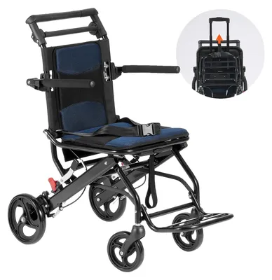 Obrázek produktu pro Invalidní vozík VEVOR, lehké hliníkové transportní křeslo pro dospělé, snadné skládání, sklopné područky, bezpečný samobrzdný systém, šířka sedadla 15,75 palce, nosnost 220 kg