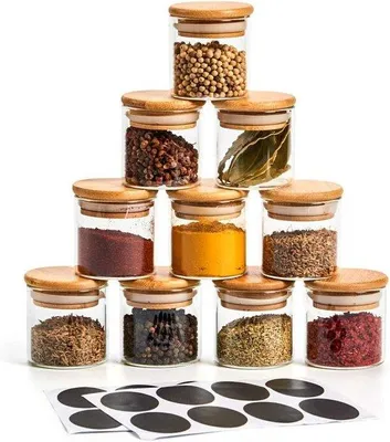 Produktbild von Famanu Glas Kräuterpotte Set - 10 Stück - 70ml - Aufbewahrungsgläser mit Bambusdeckeln - Kreidetafel Etiketten