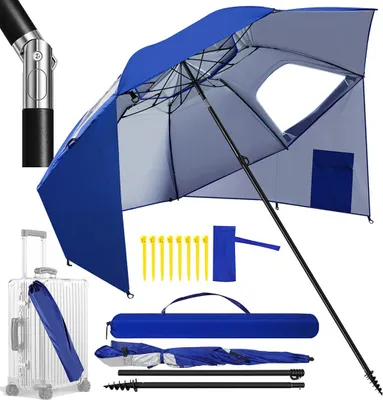 Produktbild von Faziango Strandschirm 210 cm Sonnenschirm mit UV Schutz 50+, neigbar mit Erdspieß und Tragetasche, wasserabweisender Gartenschirm für Strand, Garten & Balkon – Blau mit Spiral-Erdspieß