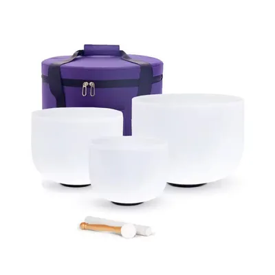 Productafbeelding van Drie kristallen zangkommen, met draagbaar etui, voor meditatie, 8G, 10E, 12C, 432 Hz